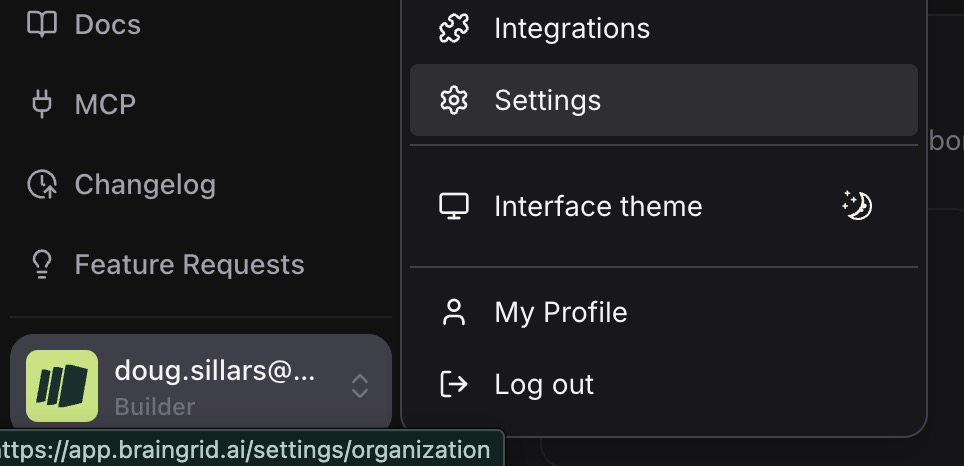 BrainGrid dashboard settings menu for connecting integrations